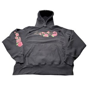 Y2K Champion Reverse Weave Hoodie Sweatshirt Rose Floral Print Black Medium